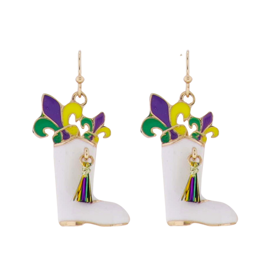Enamel White Boot with Purple, Green, & Yellow Fleur de Lis & Tassel Earrings