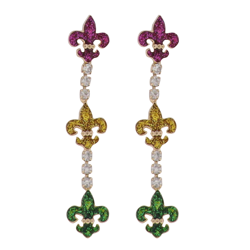 Enamel Purple, Gold, Green, Clear Descending Fleur de Lis Earrings