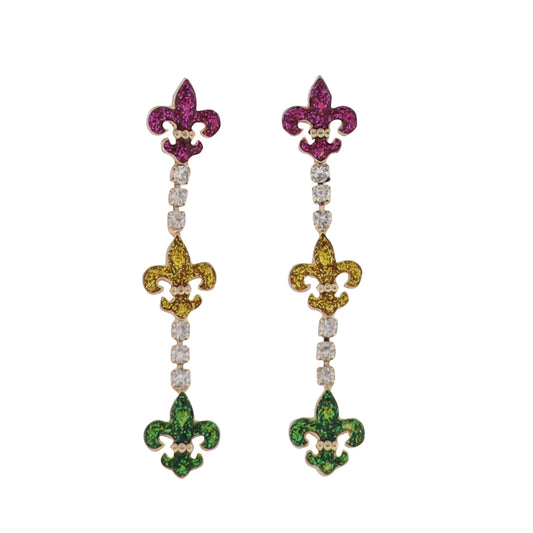 Enamel Purple, Gold, Green, Clear Descending Fleur de Lis Earrings