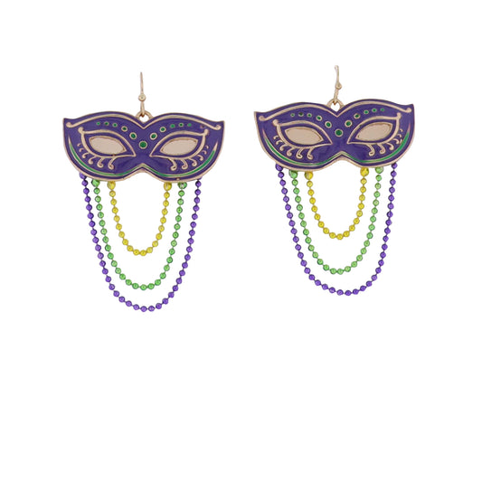 Enamel Purple Mask with Gold & Green Hanging Bead Accents Earrings