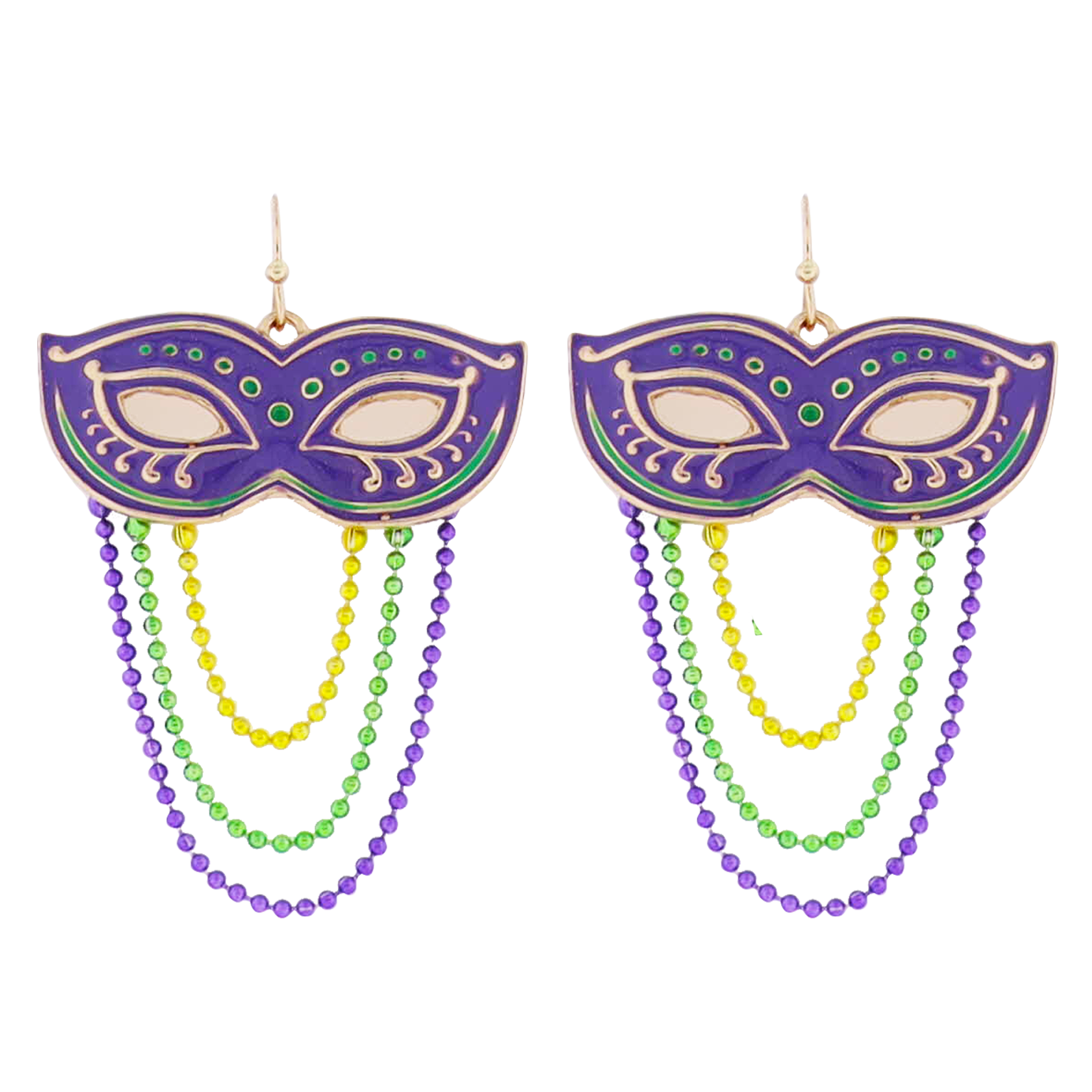 Enamel Purple Mask with Gold & Green Hanging Bead Accents Earrings