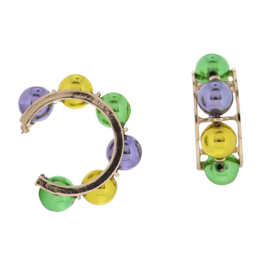 Beaded Purple, Gold, Green Ball Hoop Earrings