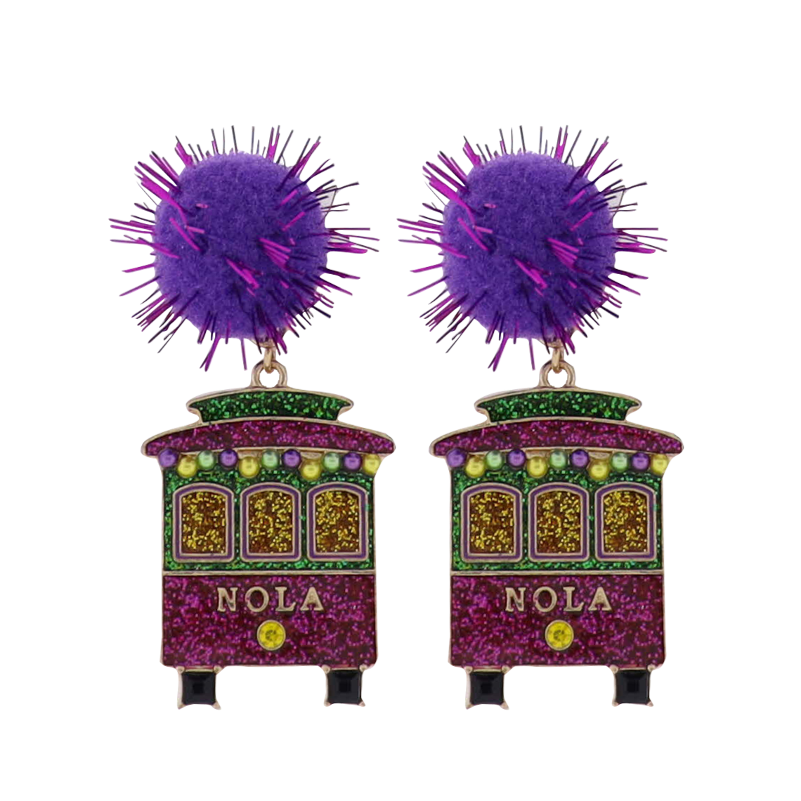 Enamel Purple, Green Gold Nola Street Car with Purple Pom Earrings