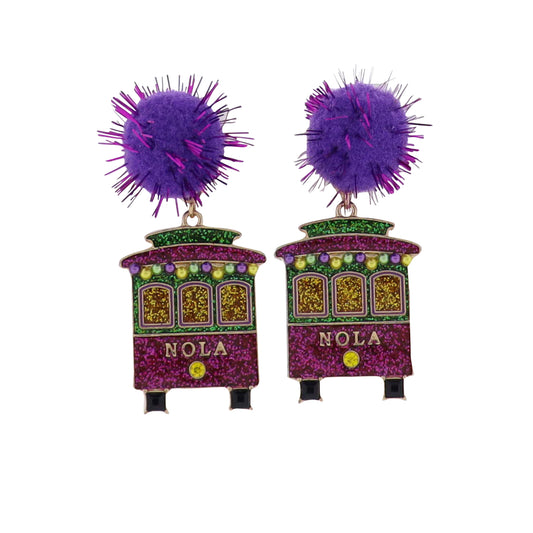 Enamel Purple, Green Gold Nola Street Car with Purple Pom Earrings