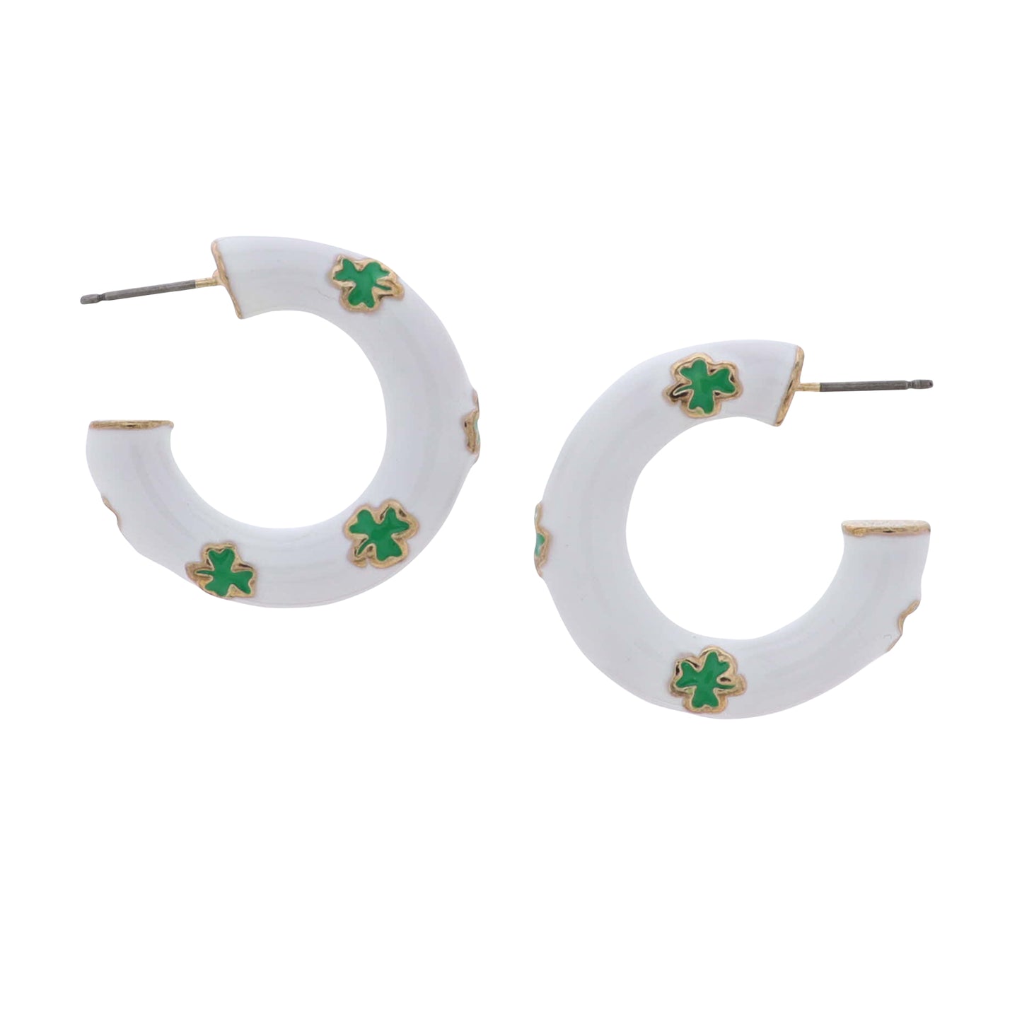 White Enamel Hoop Earrings with Green Clovers