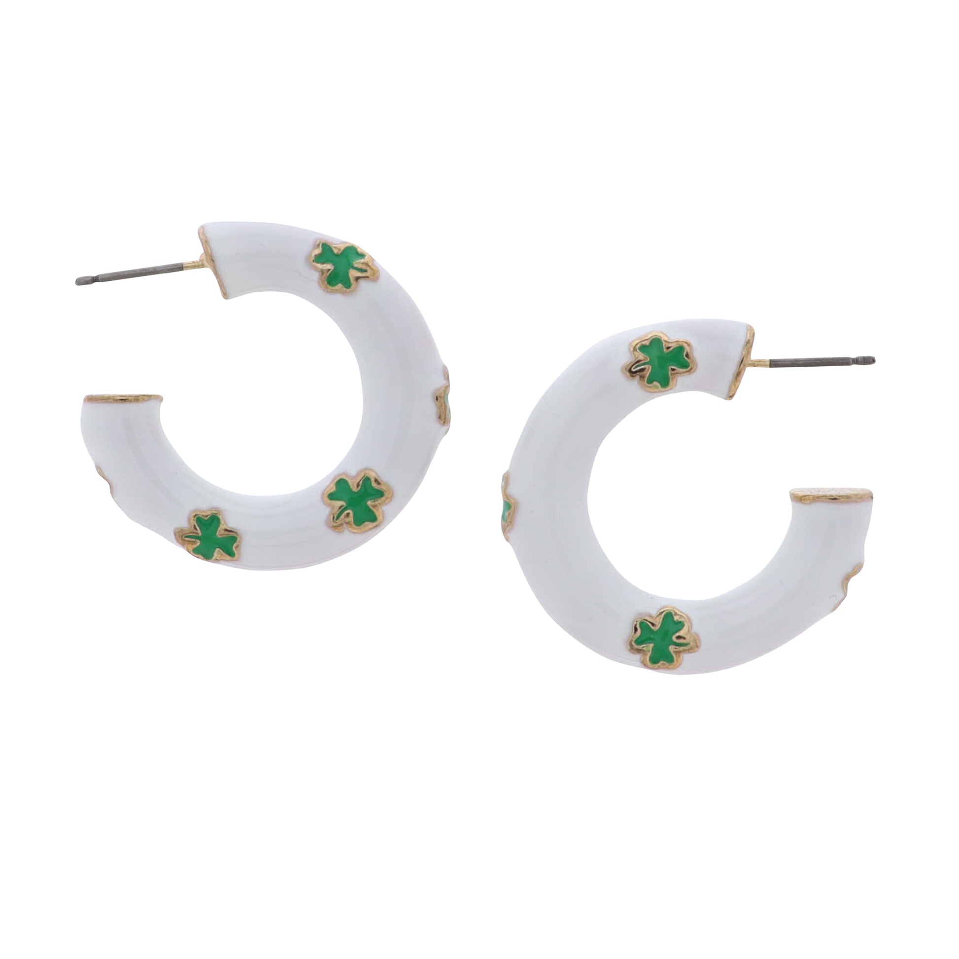White Enamel Hoop Earrings with Green Clovers