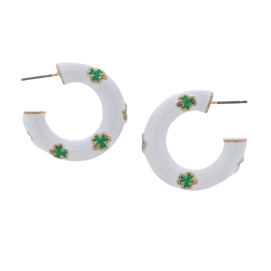White Enamel Hoop Earrings with Green Clovers