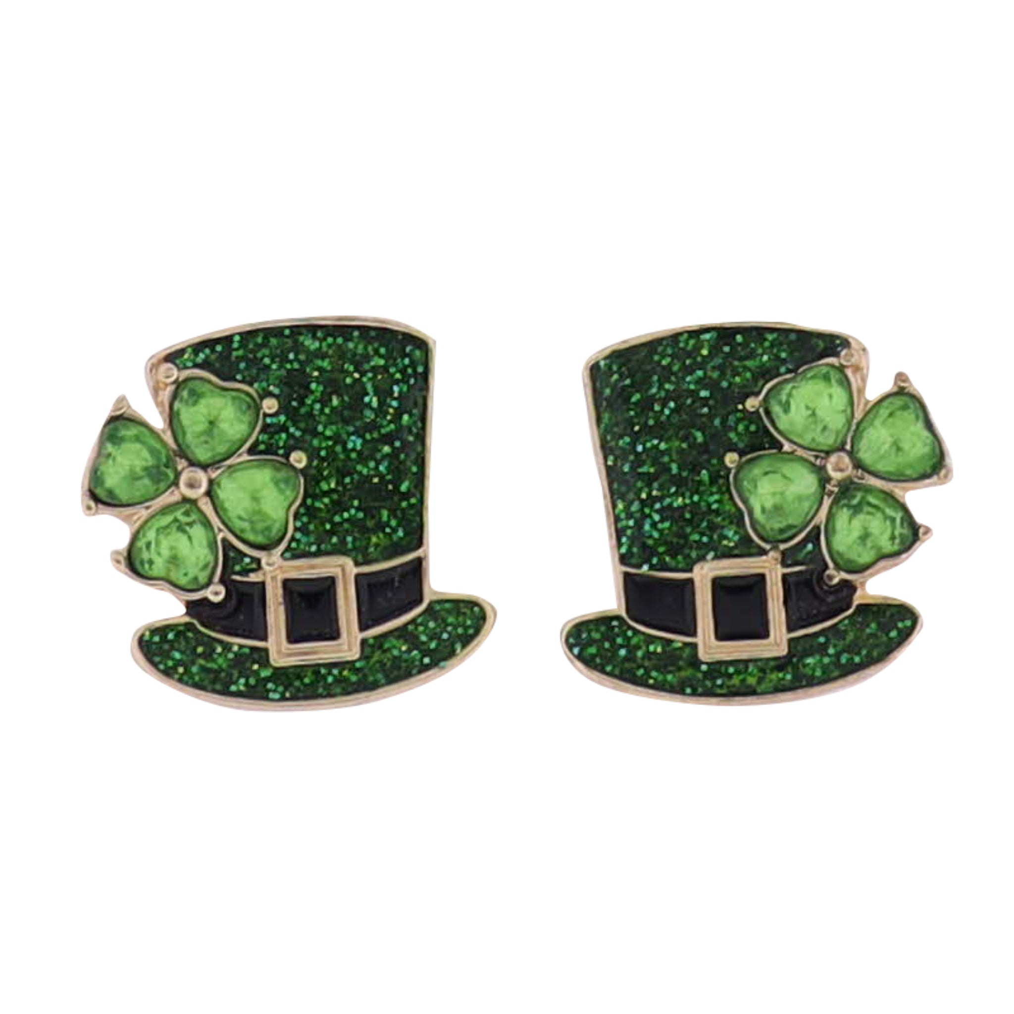 Green, Black Enamel Leprechaun Hat Earrings with Green Crystal Clover
