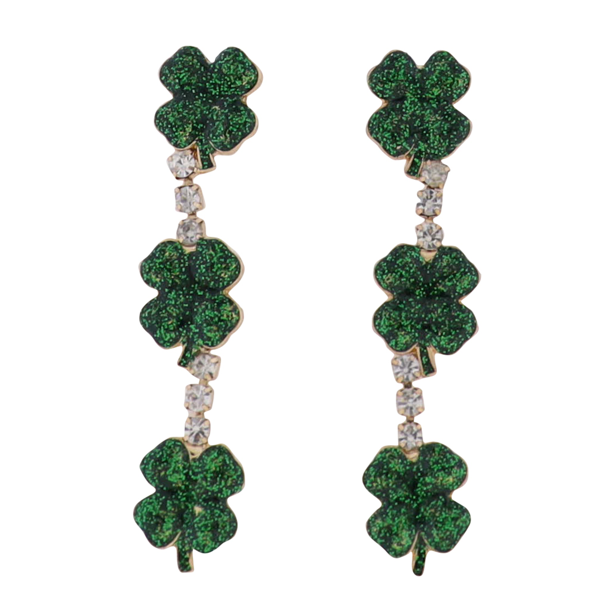 Green Enamel Descending Clovers Earrings with Clear Crystals