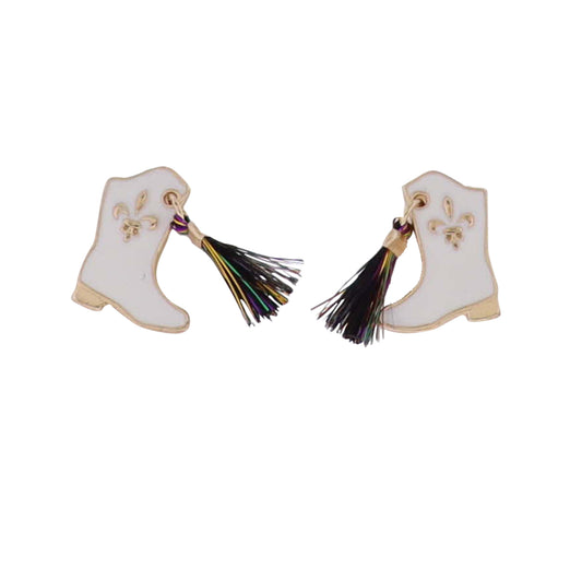 Kids White Mardi Gras Boot & Tassel Earrings