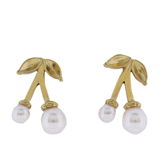 18K Gold Plated Cherry Stud Earrings with Pearl Cherries