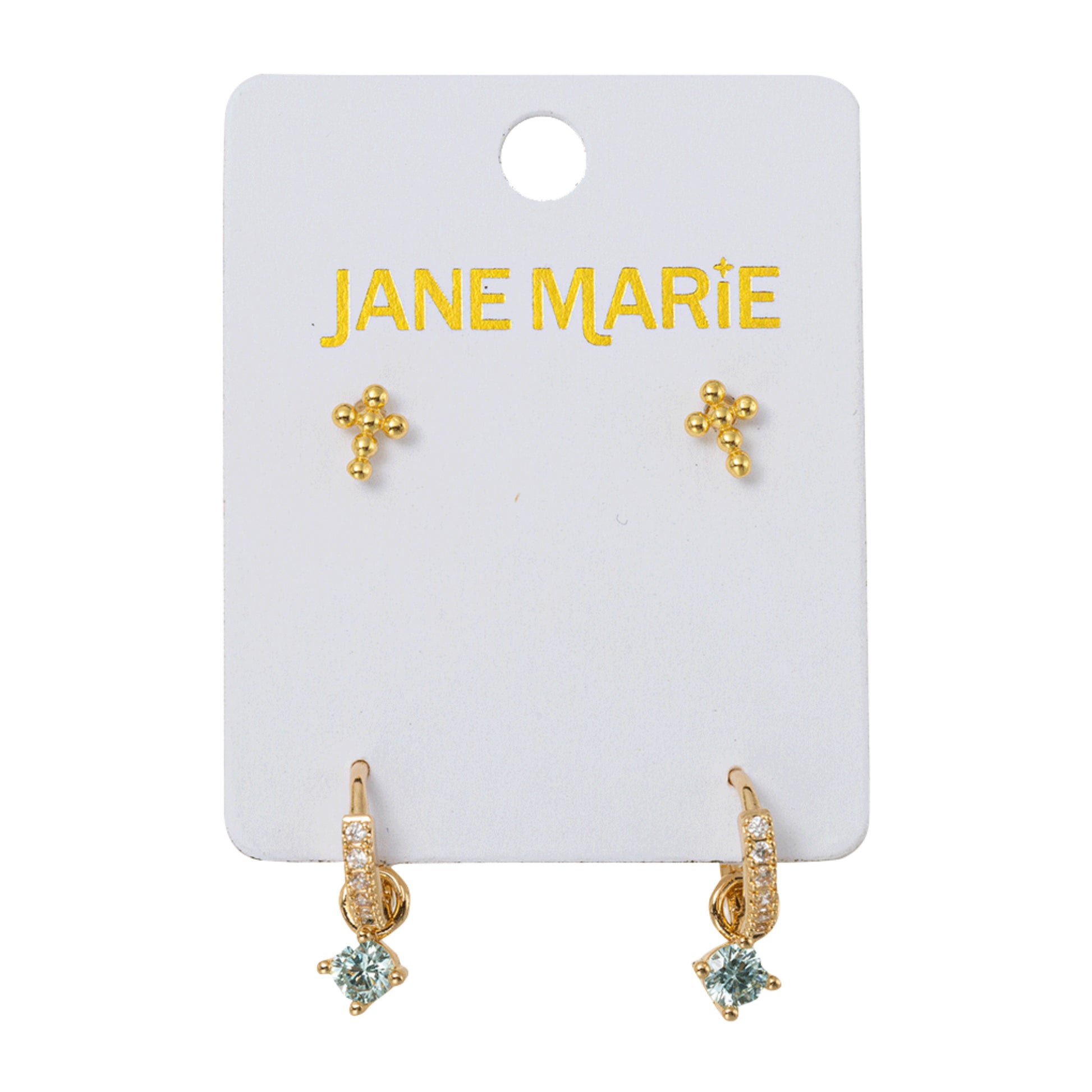 18K Gold Plated Set of 2, Bubble Cross with Light Blue Crystal Huggie Earring