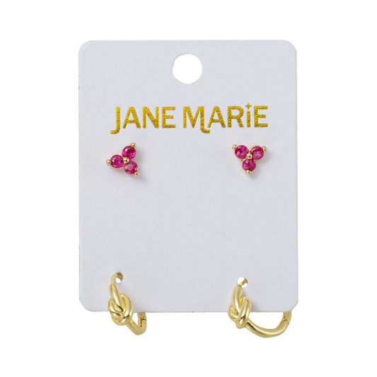 18K Gold Plated Set of 2, Pink Crystal Cluster with Gold Knot Huggie Earring