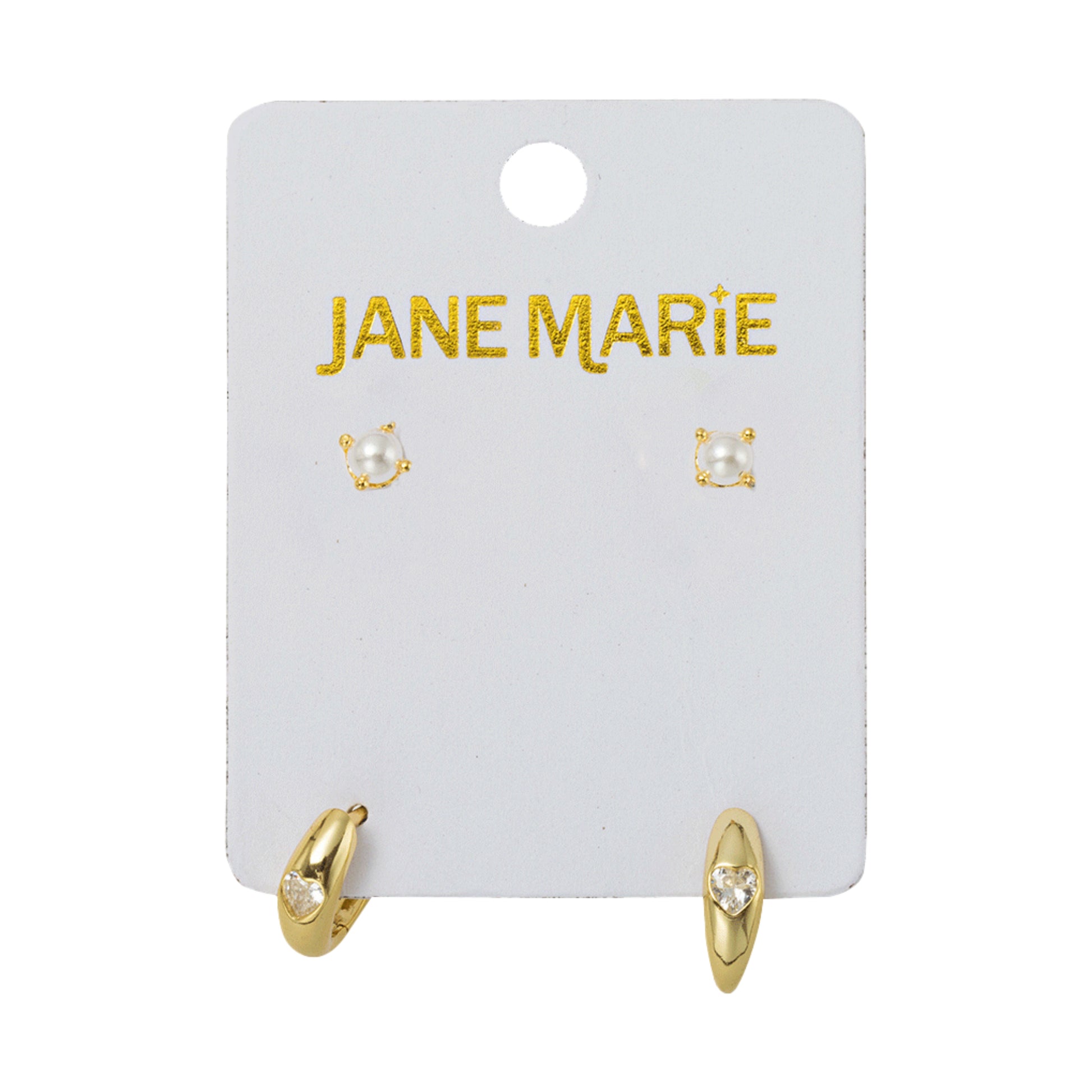 18K Gold Plated Set of 2, Pearl with Clear Crystal Heart Huggie Earring