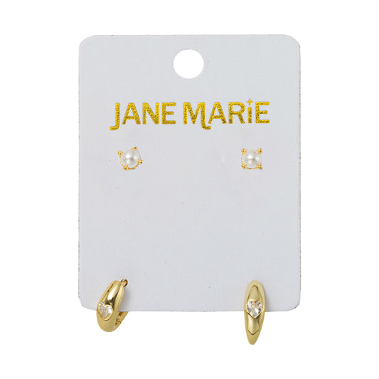 18K Gold Plated Set of 2, Pearl with Clear Crystal Heart Huggie Earring