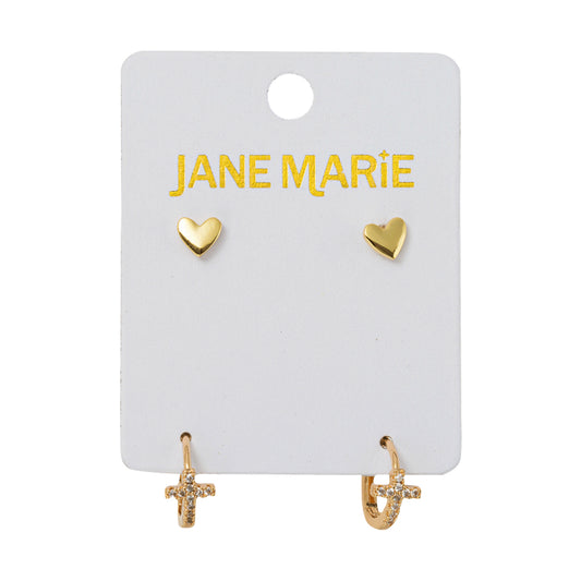 18K Gold Plated Set of 2, Heart with Clear Crystal Cross Huggie Earring