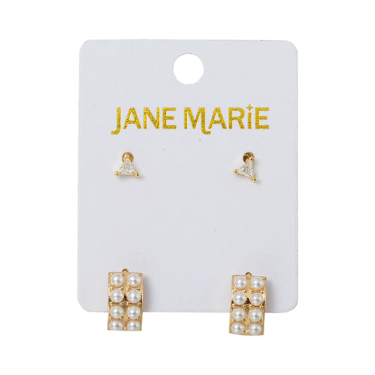 18K Gold Plated Set of 2, Clear with Pearl Studded Huggie Earring