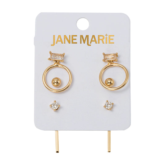 Set of 3 Earrings, Crystal with Hoop, Gold Ball, Crystal with Jacket Bar
