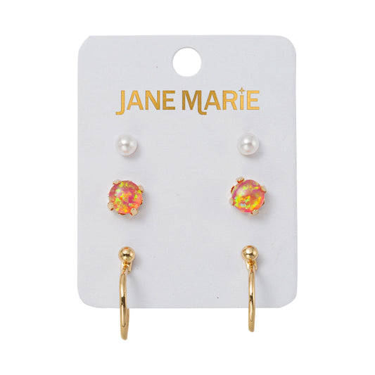 Set of 3 Earrings, Pearl, Pink Opal, Gold Ball with Hoop Jacket
