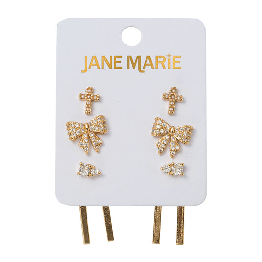 Set of 3 Earrings Pearl Cross, Crystal Bow, Crystal with Double Bar Jacket