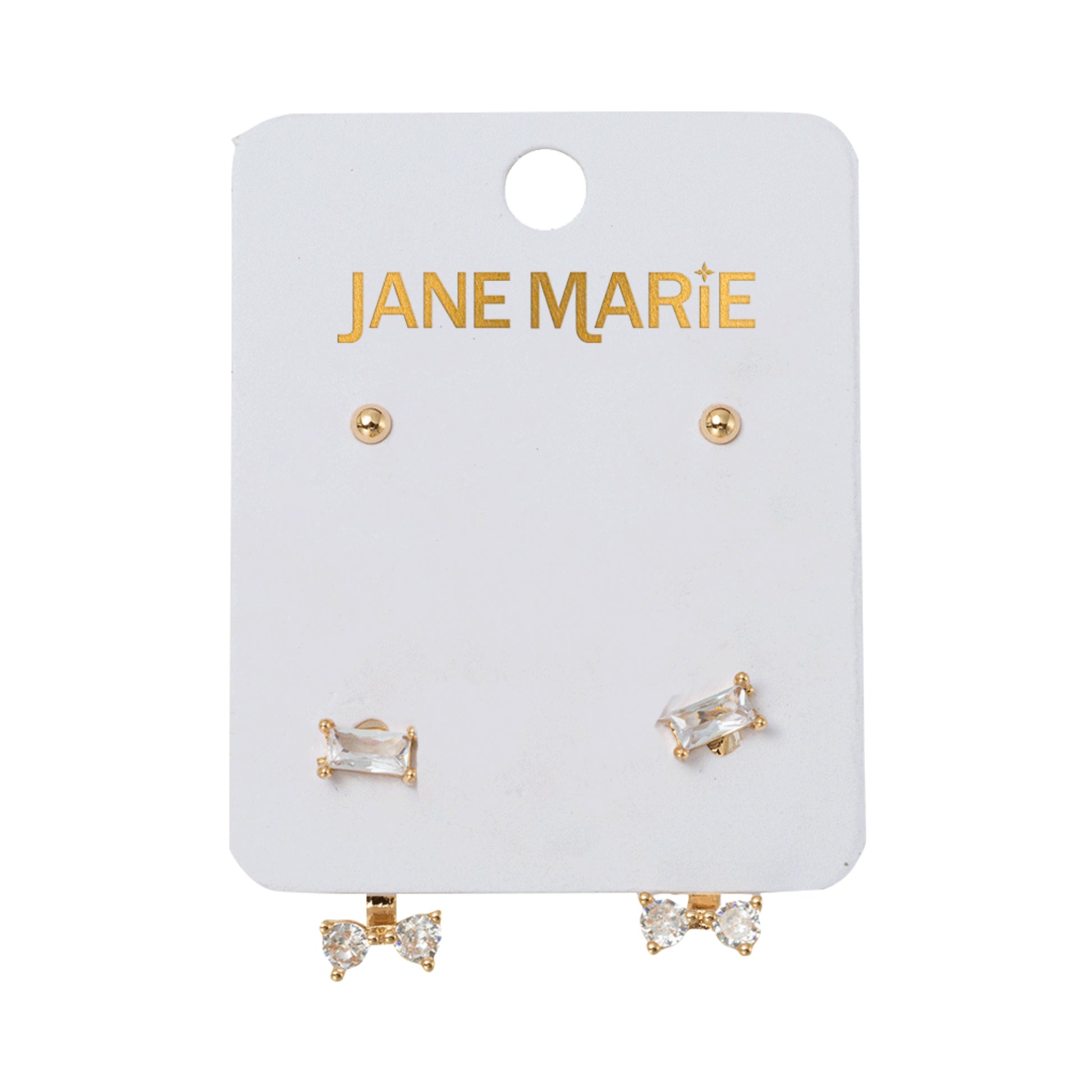 Set of 2 Earrings, Gold Ball, Crystal Double Stud Chain, Clear Crystal Double Stud Chain