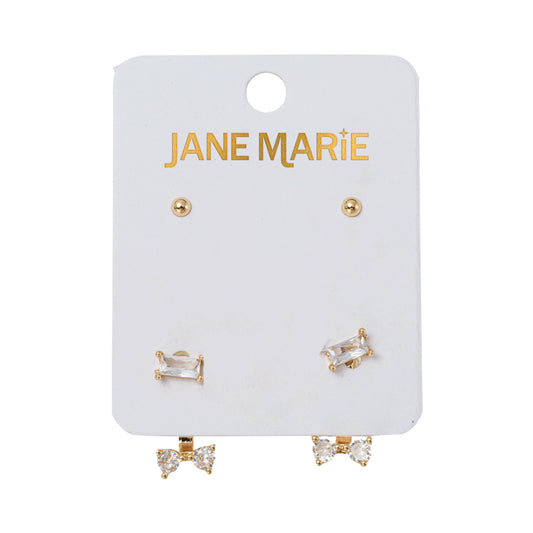 Set of 2 Earrings, Gold Ball, Crystal Double Stud Chain, Clear Crystal Double Stud Chain