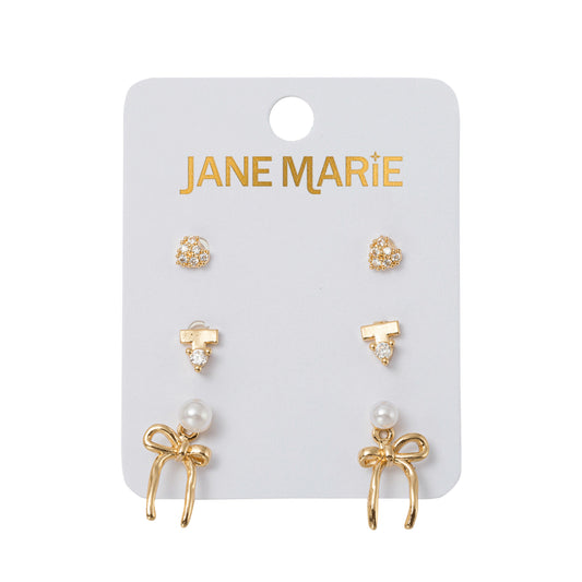 Set of 3 Earrings, Crystal Heart, Crystal with Bar, Pearl with Bow Jacket