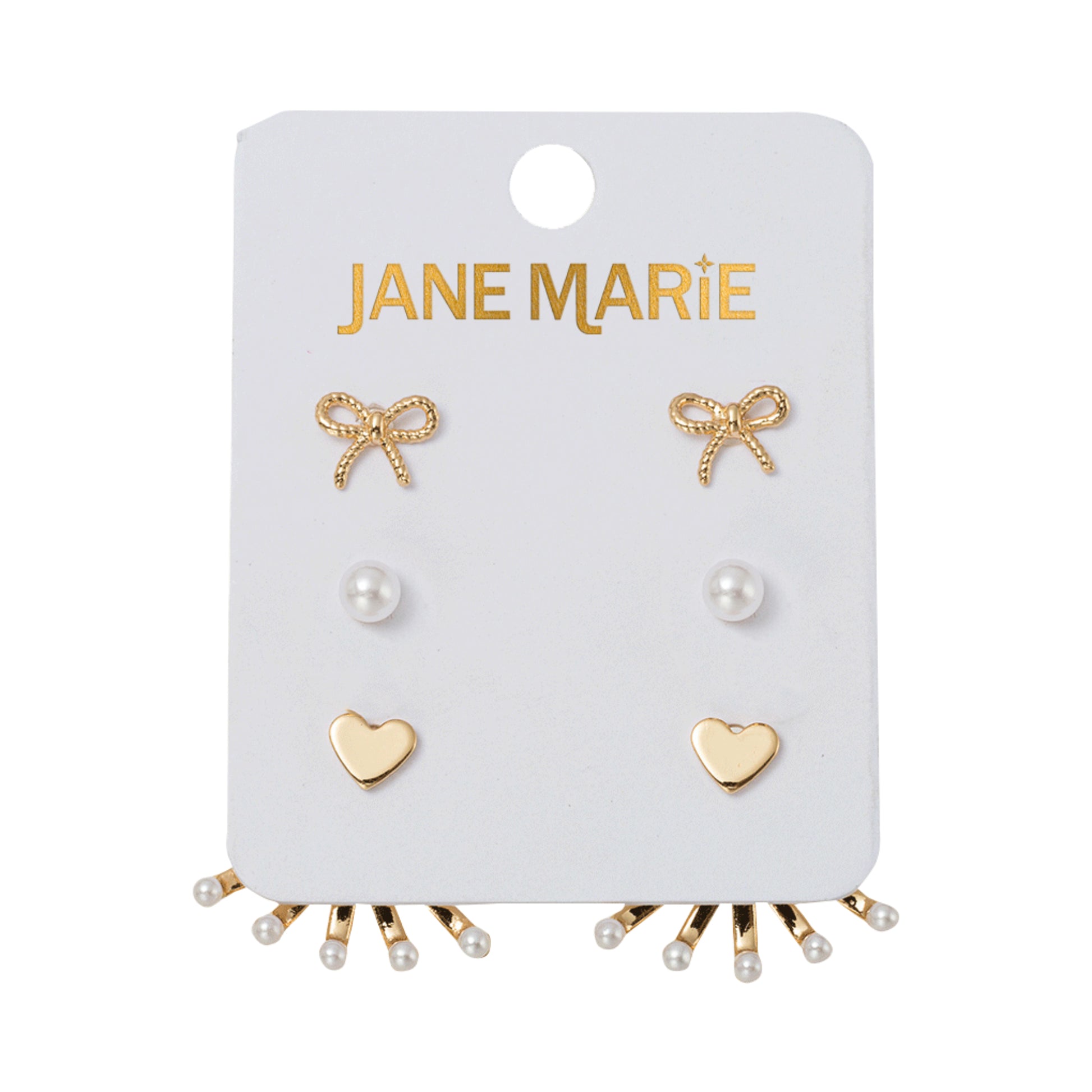 Set of 3 Earrings, Gold Bow, Pearl , Gold Heart with Pearl Tip Fan Jacket