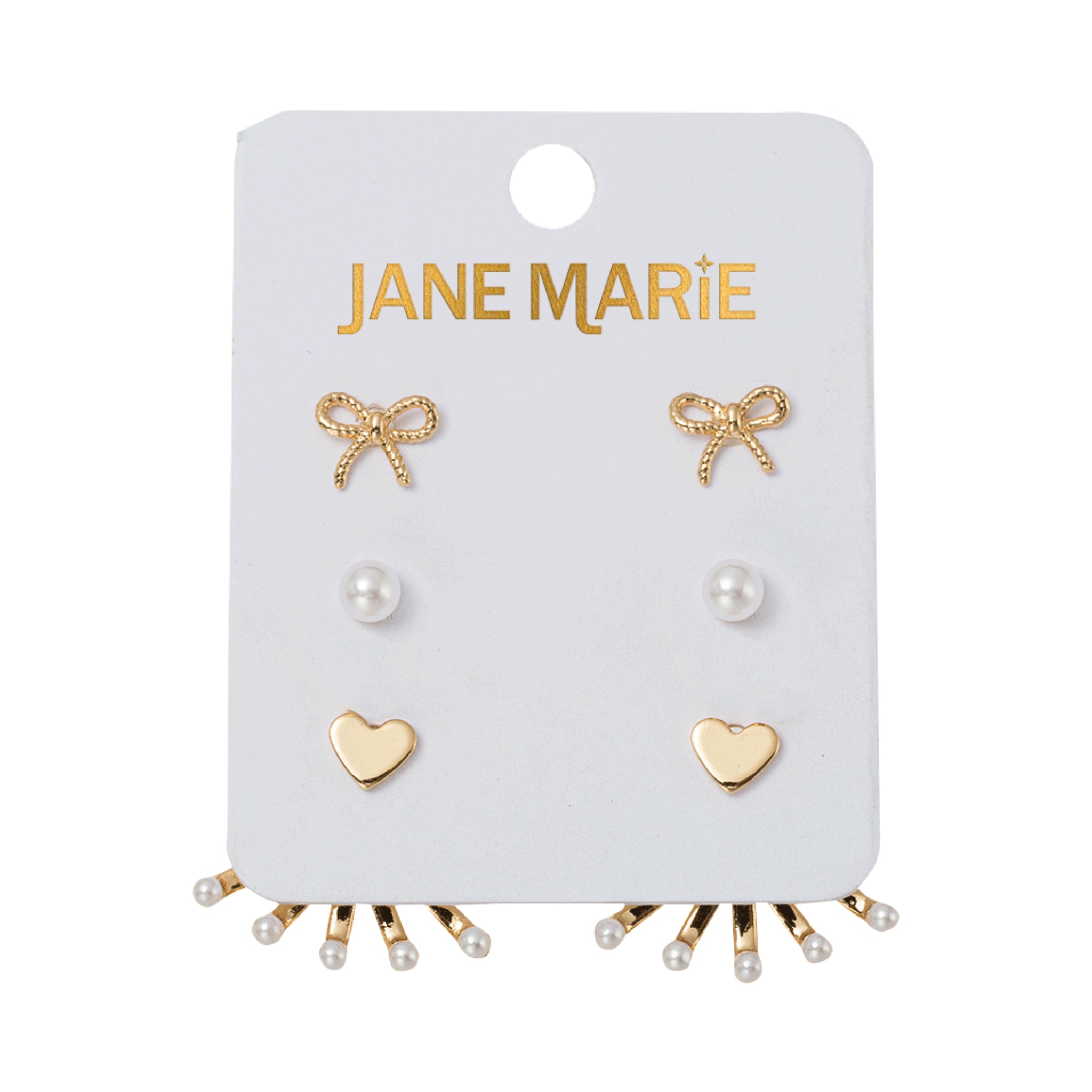 Set of 3 Earrings, Gold Bow, Pearl , Gold Heart with Pearl Tip Fan Jacket