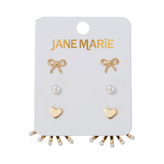 Set of 3 Earrings, Gold Bow, Pearl , Gold Heart with Pearl Tip Fan Jacket