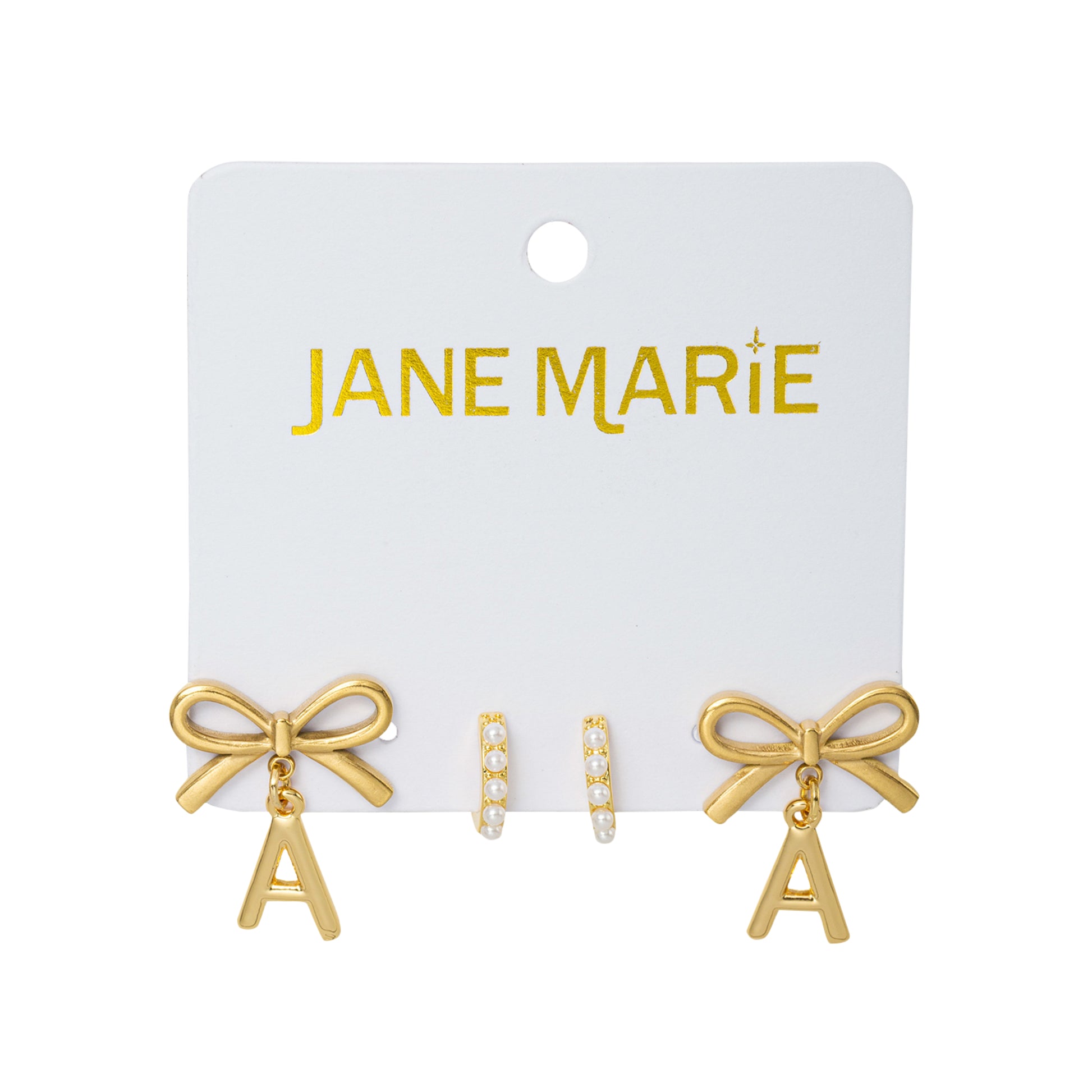 18K Gold Plated Set of 2, Pearl Huggie and Gold Bow & Initial "A" Earring