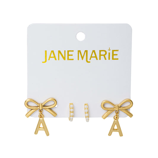 18K Gold Plated Set of 2, Pearl Huggie and Gold Bow & Initial "A" Earring
