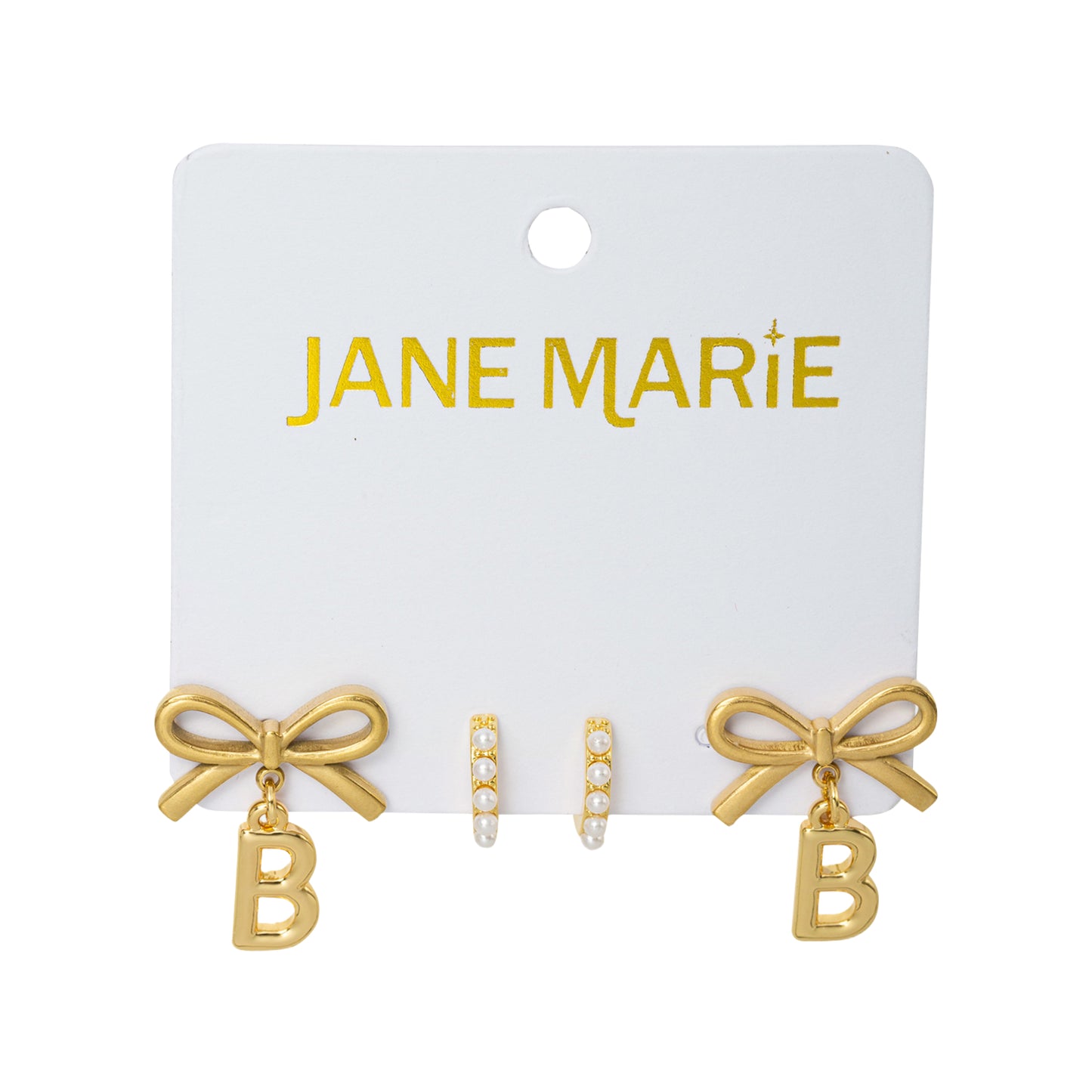 18K Gold Plated Set of 2, Pearl Huggie and Gold Bow & Initial "B" Earring