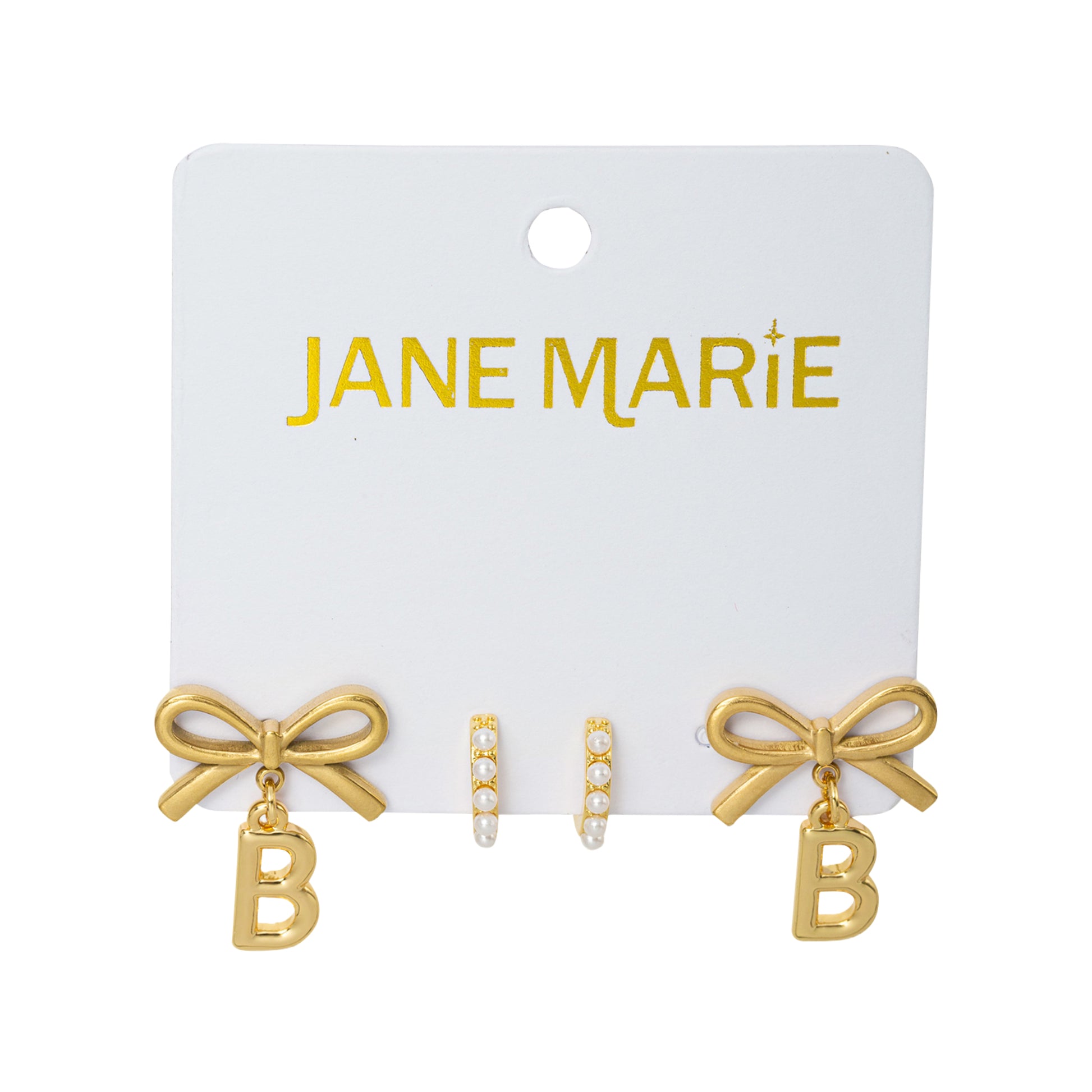 18K Gold Plated Set of 2, Pearl Huggie and Gold Bow & Initial "B" Earring