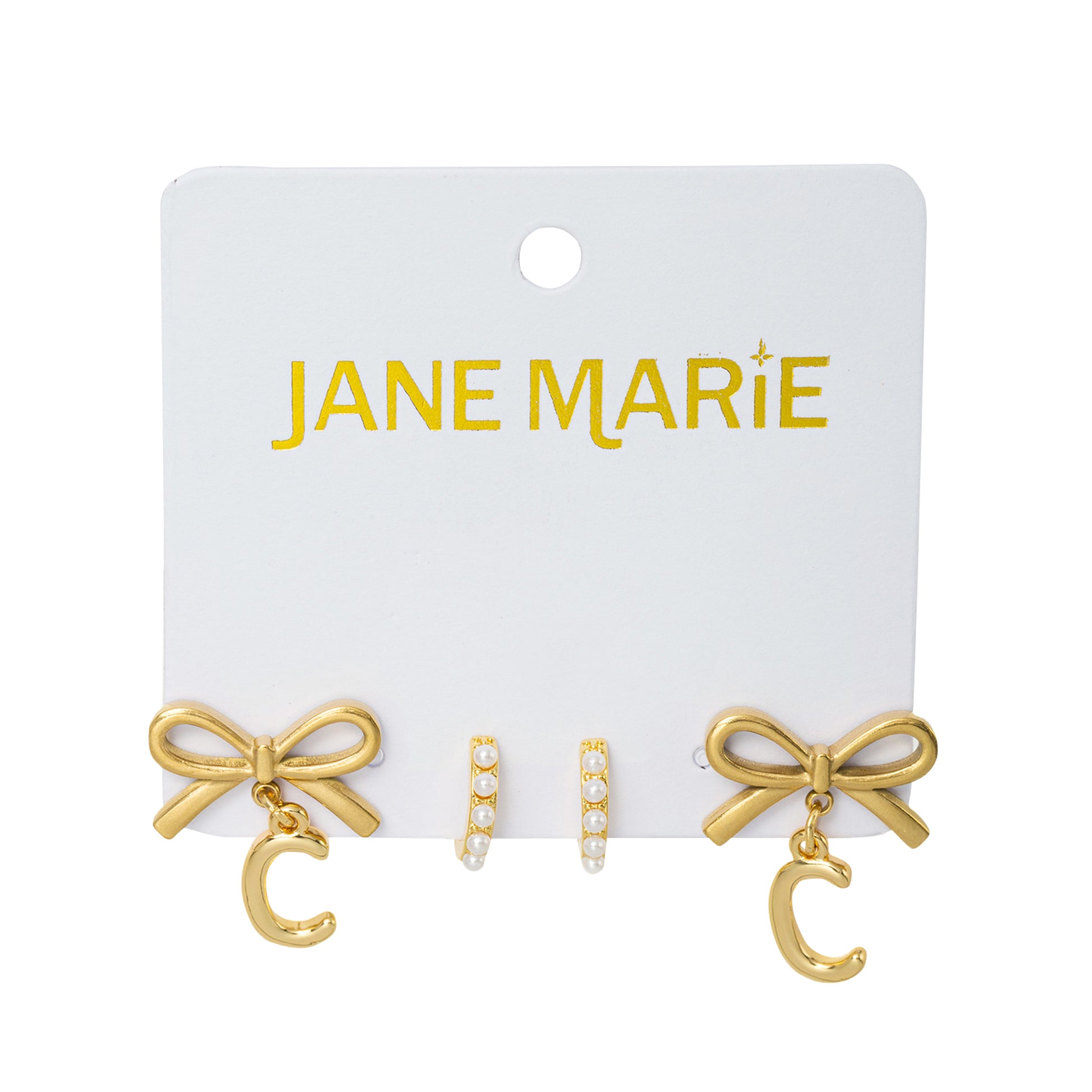 18K Gold Plated Set of 2, Pearl Huggie and Gold Bow & Initial "C" Earring