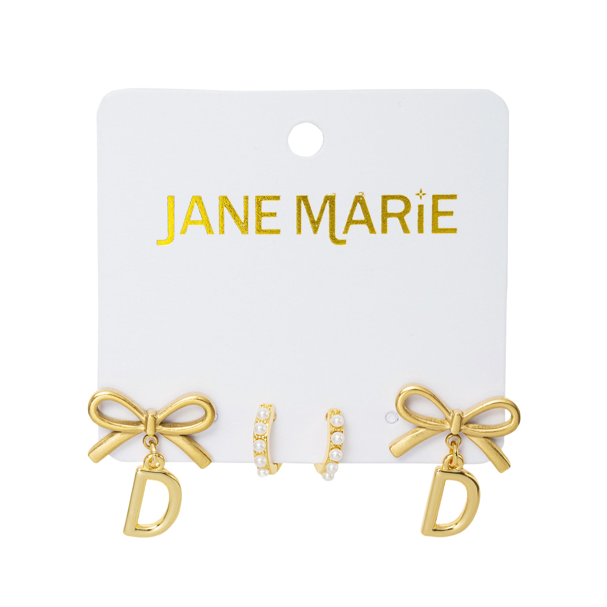 18K Gold Plated Set of 2, Pearl Huggie and Gold Bow & Initial "D" Earring