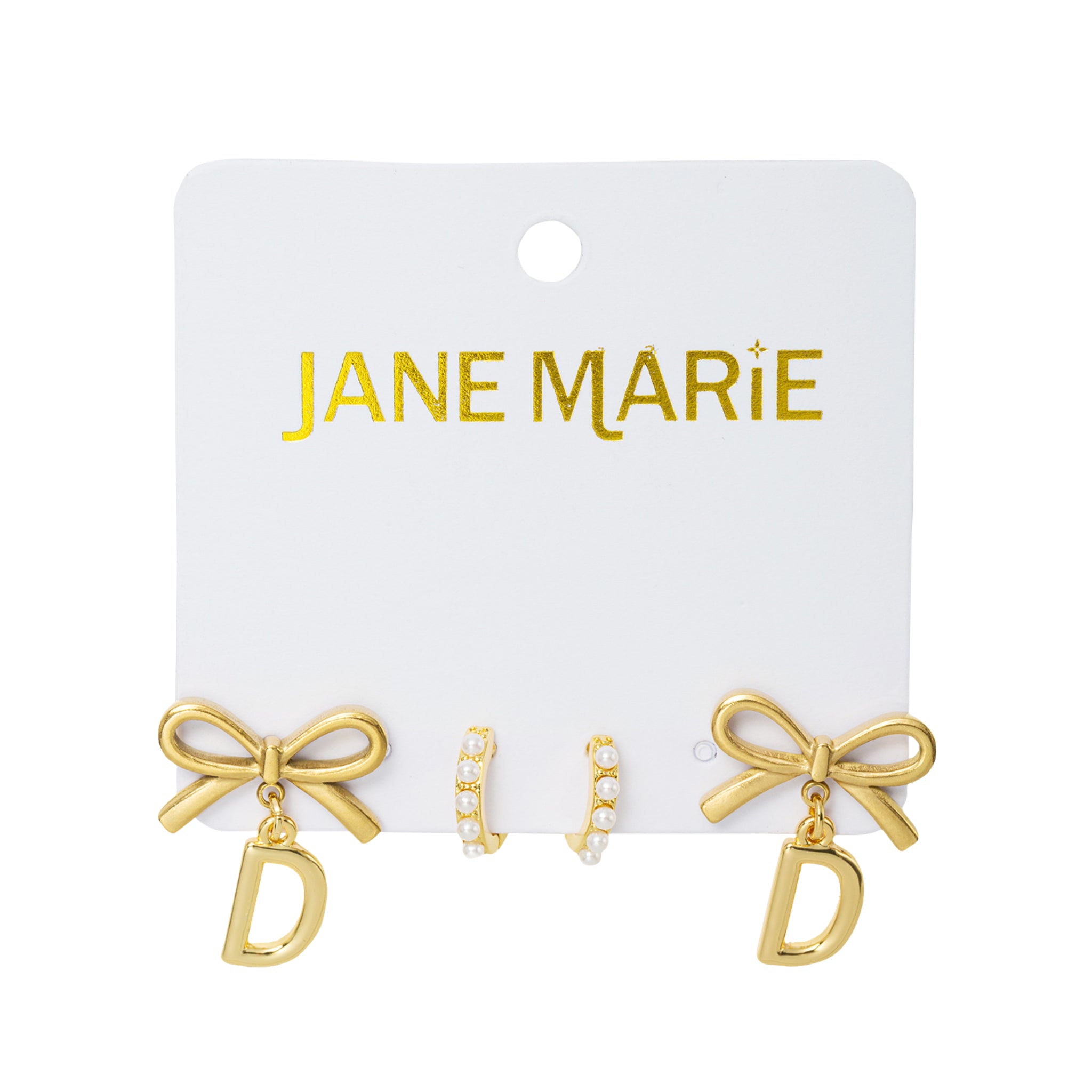 18K Gold Plated Set of 2, Pearl Huggie and Gold Bow & Initial "D" Earring