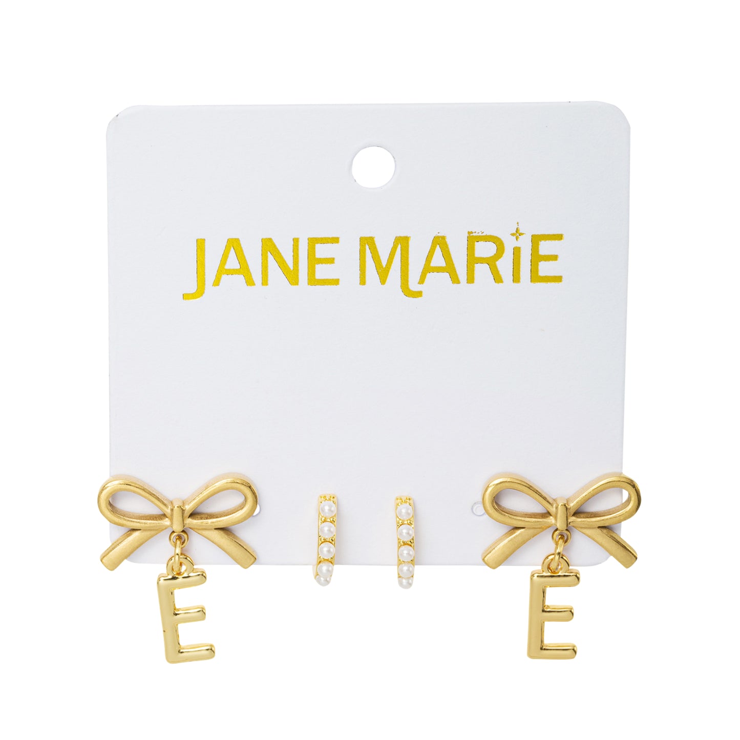 18K Gold Plated Set of 2, Pearl Huggie and Gold Bow & Initial "E" Earring