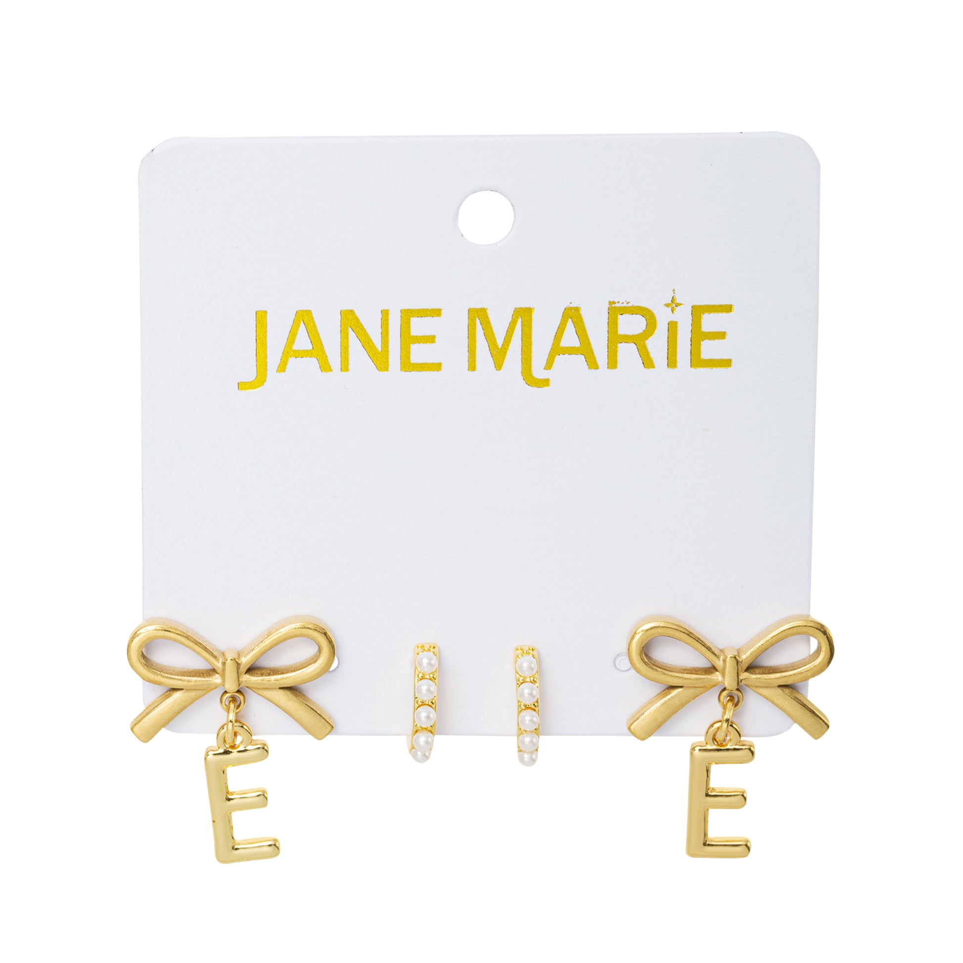 18K Gold Plated Set of 2, Pearl Huggie and Gold Bow & Initial "E" Earring