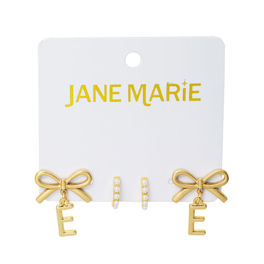 18K Gold Plated Set of 2, Pearl Huggie and Gold Bow & Initial "E" Earring
