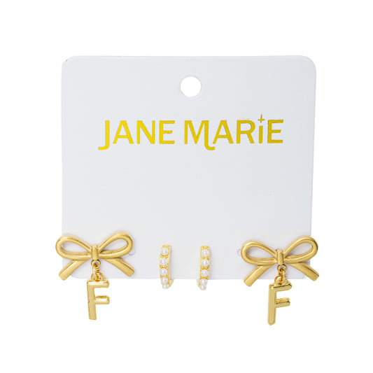 18K Gold Plated Set of 2, Pearl Huggie and Gold Bow & Initial "F" Earring