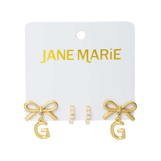 18K Gold Plated Set of 2, Pearl Huggie and Gold Bow & Initial "G" Earring