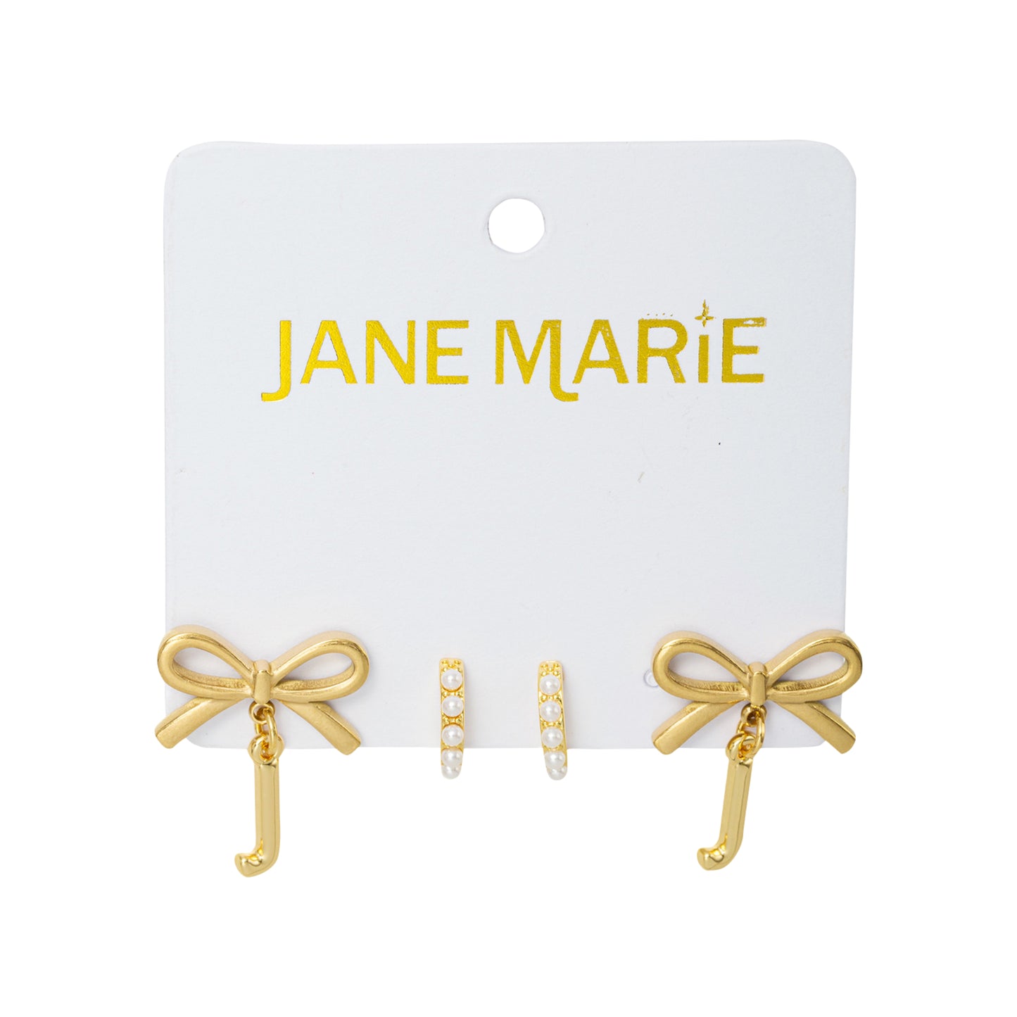 18K Gold Plated Set of 2, Pearl Huggie and Gold Bow & Initial "J" Earring