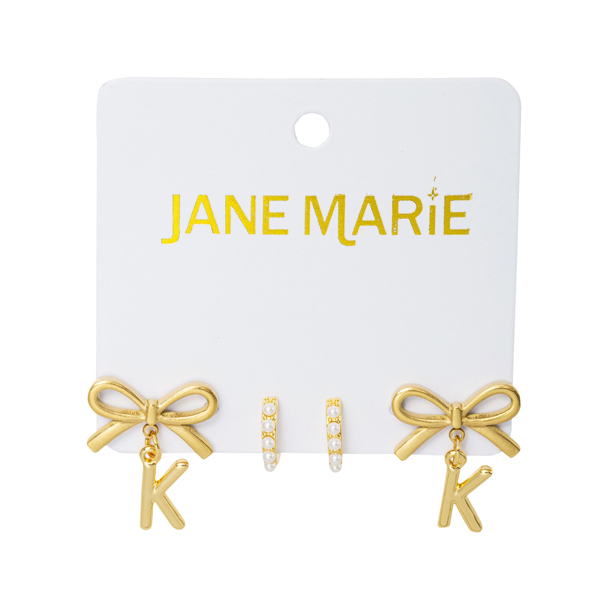 18K Gold Plated Set of 2, Pearl Huggie and Gold Bow & Initial "K" Earring