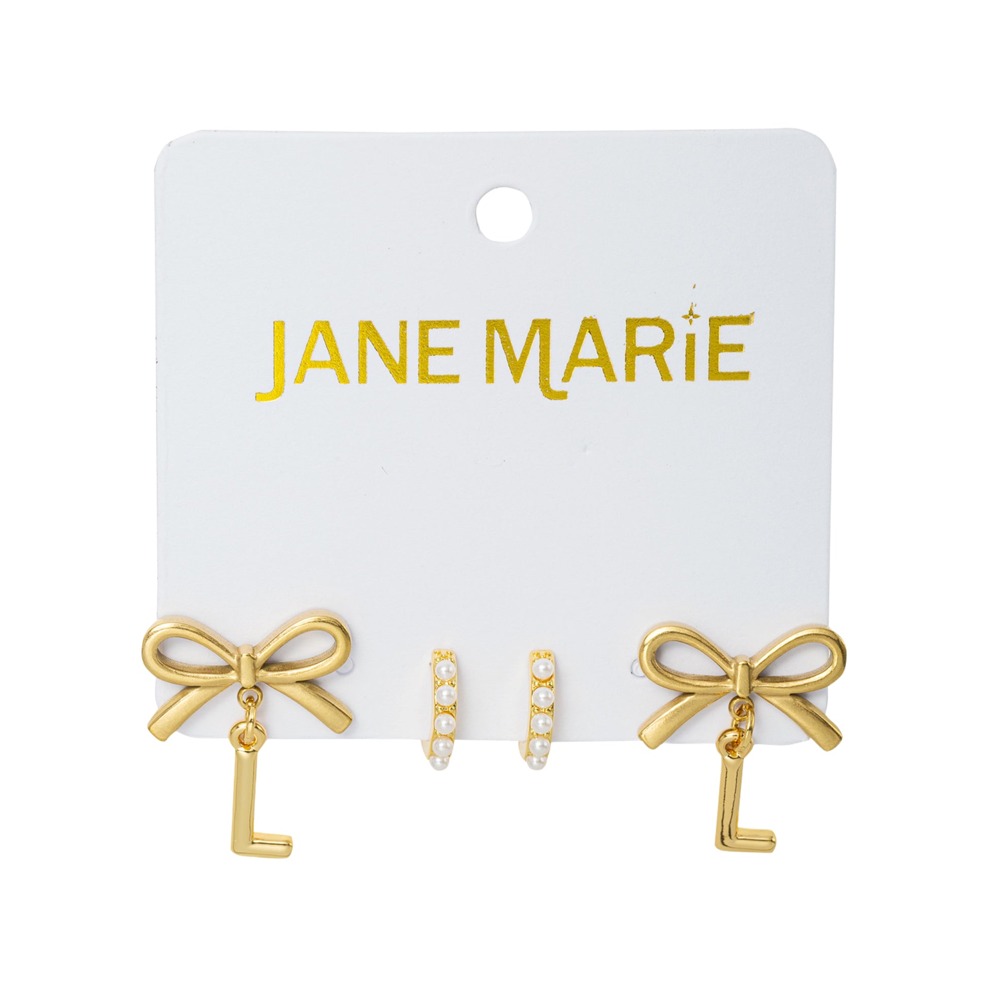 18K Gold Plated Set of 2, Pearl Huggie and Gold Bow & Initial "L" Earring