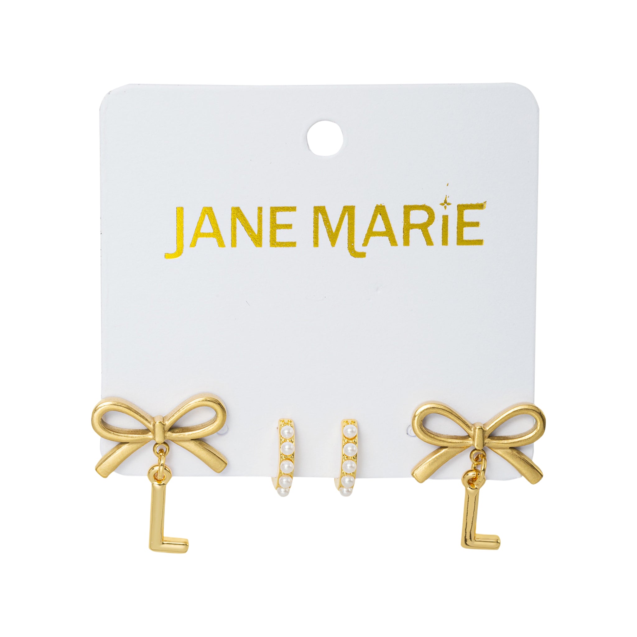 18K Gold Plated Set of 2, Pearl Huggie and Gold Bow & Initial "L" Earring