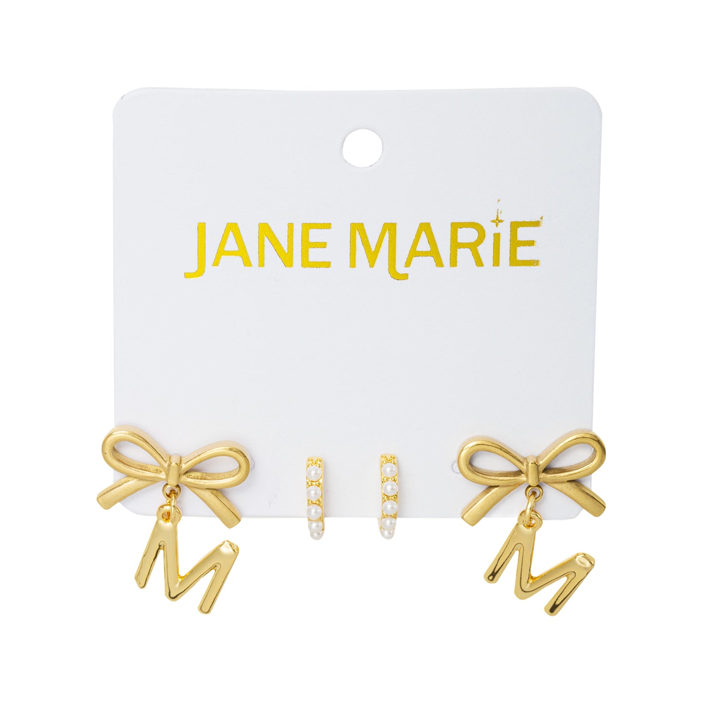 18K Gold Plated Set of 2, Pearl Huggie and Gold Bow & Initial "M" Earring