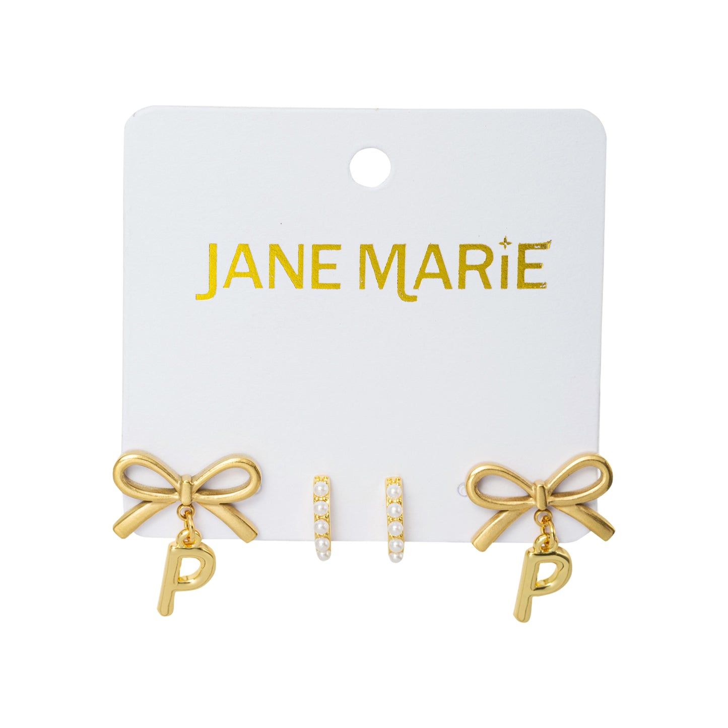 18K Gold Plated Set of 2, Pearl Huggie and Gold Bow & Initial "P" Earring