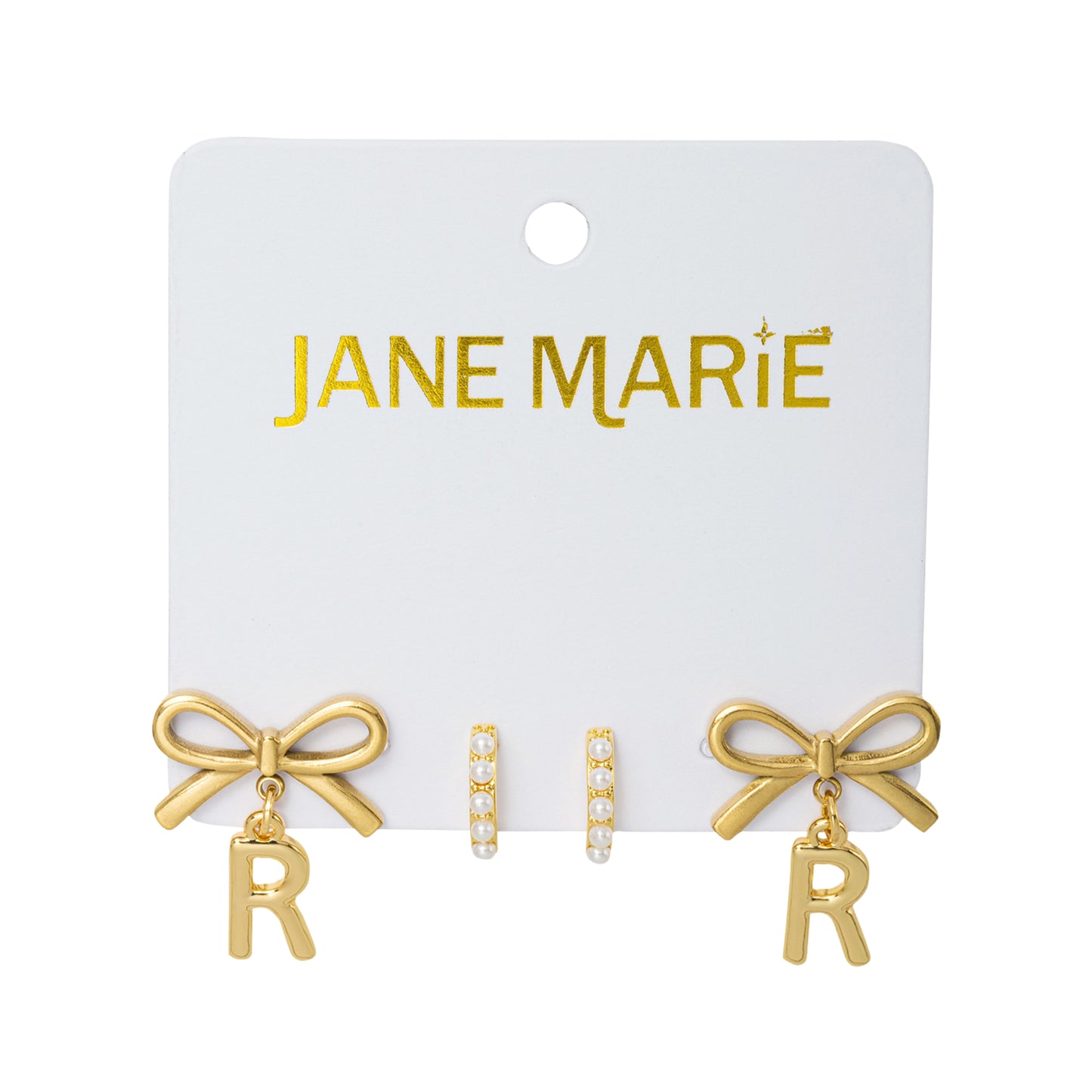 18K Gold Plated Set of 2, Pearl Huggie and Gold Bow & Initial "R" Earring