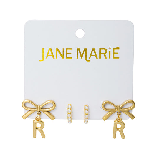 18K Gold Plated Set of 2, Pearl Huggie and Gold Bow & Initial "R" Earring